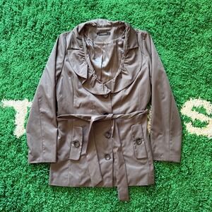 Sandro Studio Womens Brown Trench Coat Ruffle Collar Belted Button Up Jacket